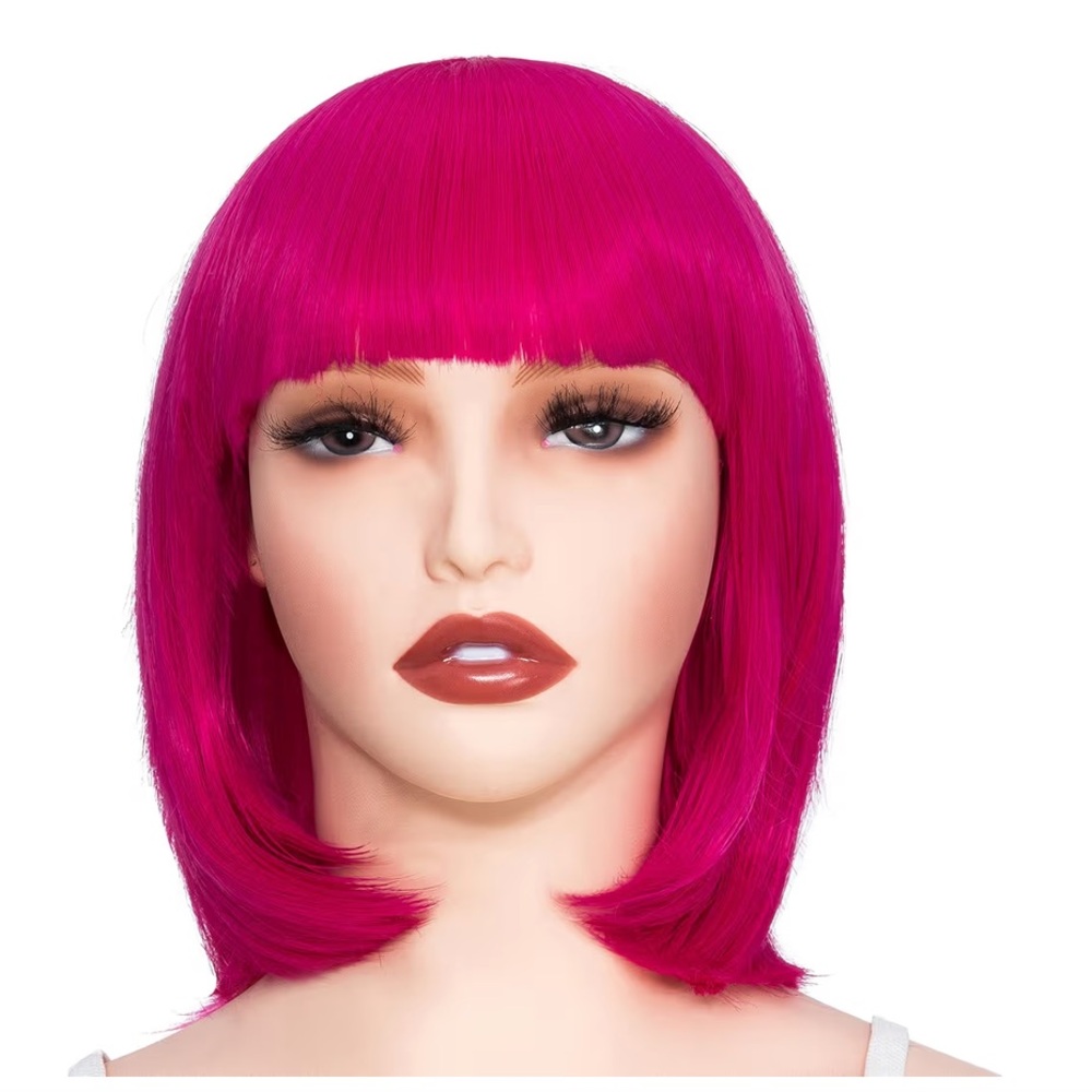 12 inch Hot Pink Straight Bob with Bang Synthetic Hair Wig